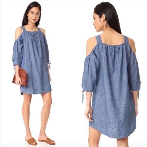 MADEWELL Women’s Blue Chambray Linen Cotton Cold Shoulder Tie Sleeve Mini Dress - Picture 1 of 7
